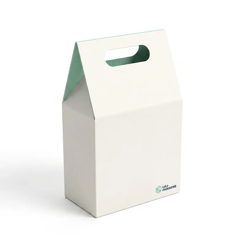 White closed top gable packaging box with carry handle and LuLu Packaging branding